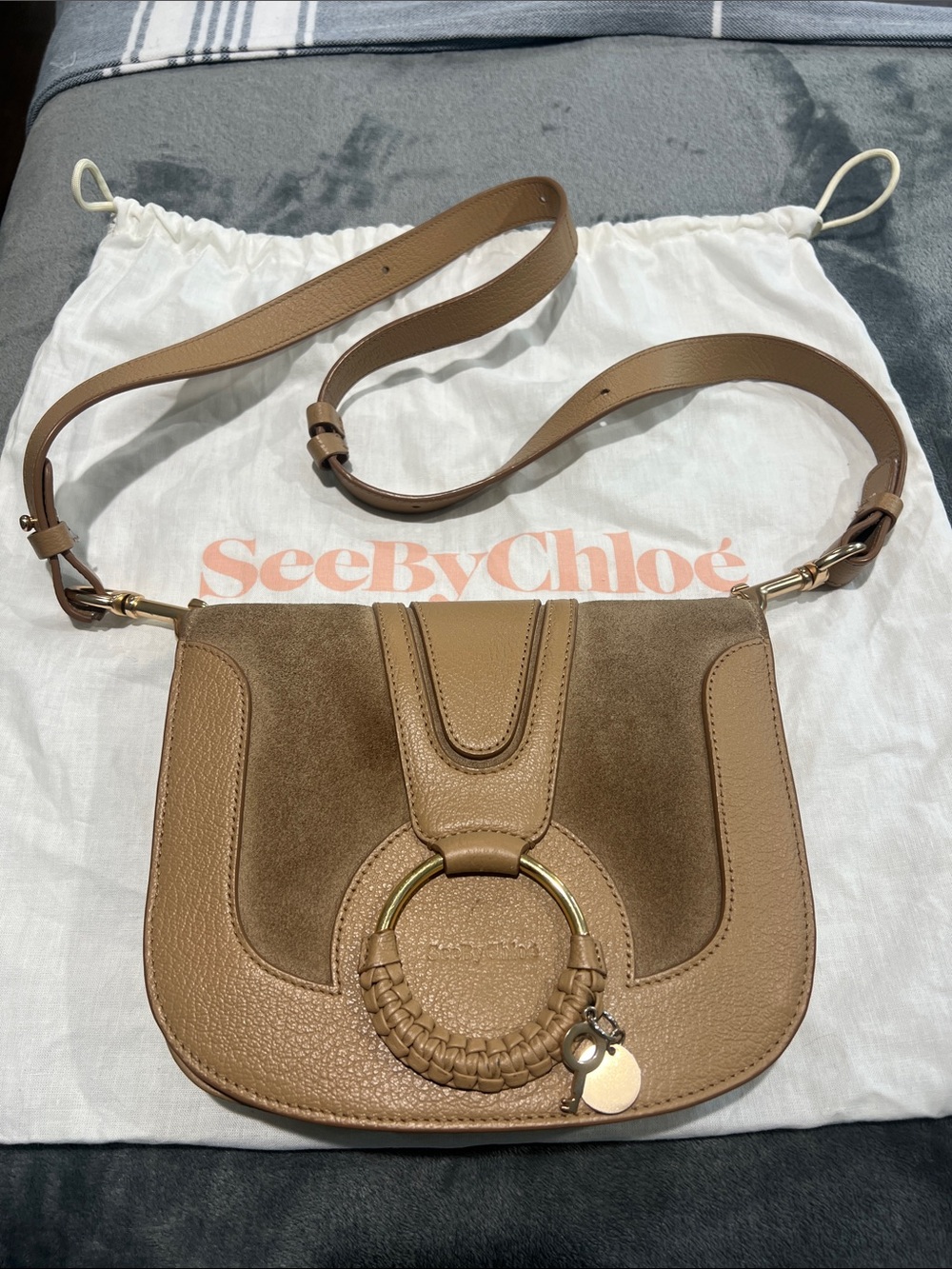 See By Chloé Tan Leather & Suede Crossbody Bag with Braided Ring